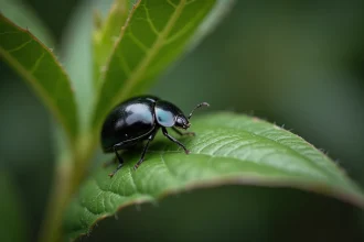 Coccinelle noire posée sur une feuille verte dans un jardin, vue en gros plan avec détails de la carapace brillante