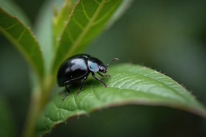 Coccinelle noire posée sur une feuille verte dans un jardin, vue en gros plan avec détails de la carapace brillante