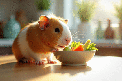 Cochon d'Inde mangeant des légumes frais dans la cuisine