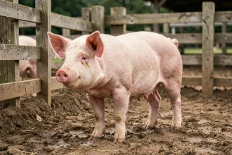 Cochon en bonne santé dans un enclos de ferme, illustrant une alimentation équilibrée sans carences nutritionnelles