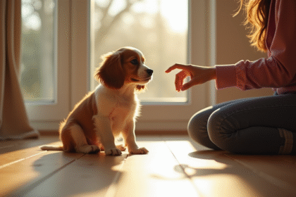 Chiot cocker spaniel assis attentivement près d'une femme