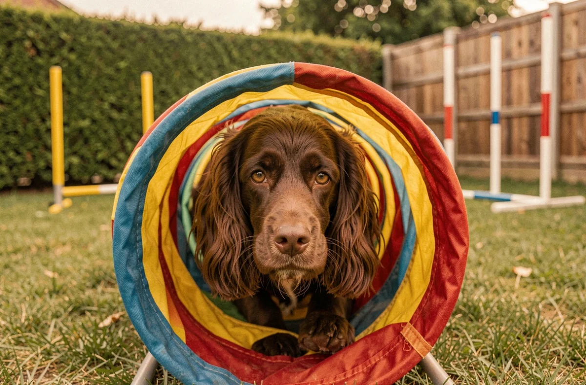 Cocker Spaniel nain chocolat traversant un tunnel d'agility dans un jardin, exercice de sport canin quotidien