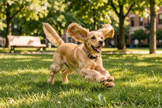 Cocker Spaniel nain doré courant librement dans un parc verdoyant, oreilles au vent, plein d'énergie