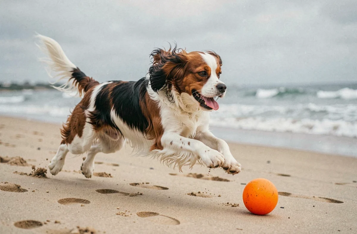 Cocker Spaniel nain tricolore jouant à rapporter une balle sur une plage de sable, bondissant avec enthousiasme