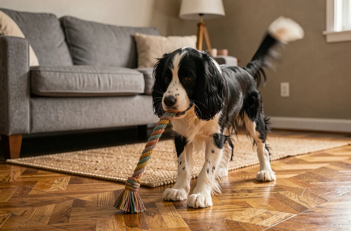 Cocker Spaniel nain noir et blanc jouant à la corde à tirer à l'intérieur, jeu interactif en appartement