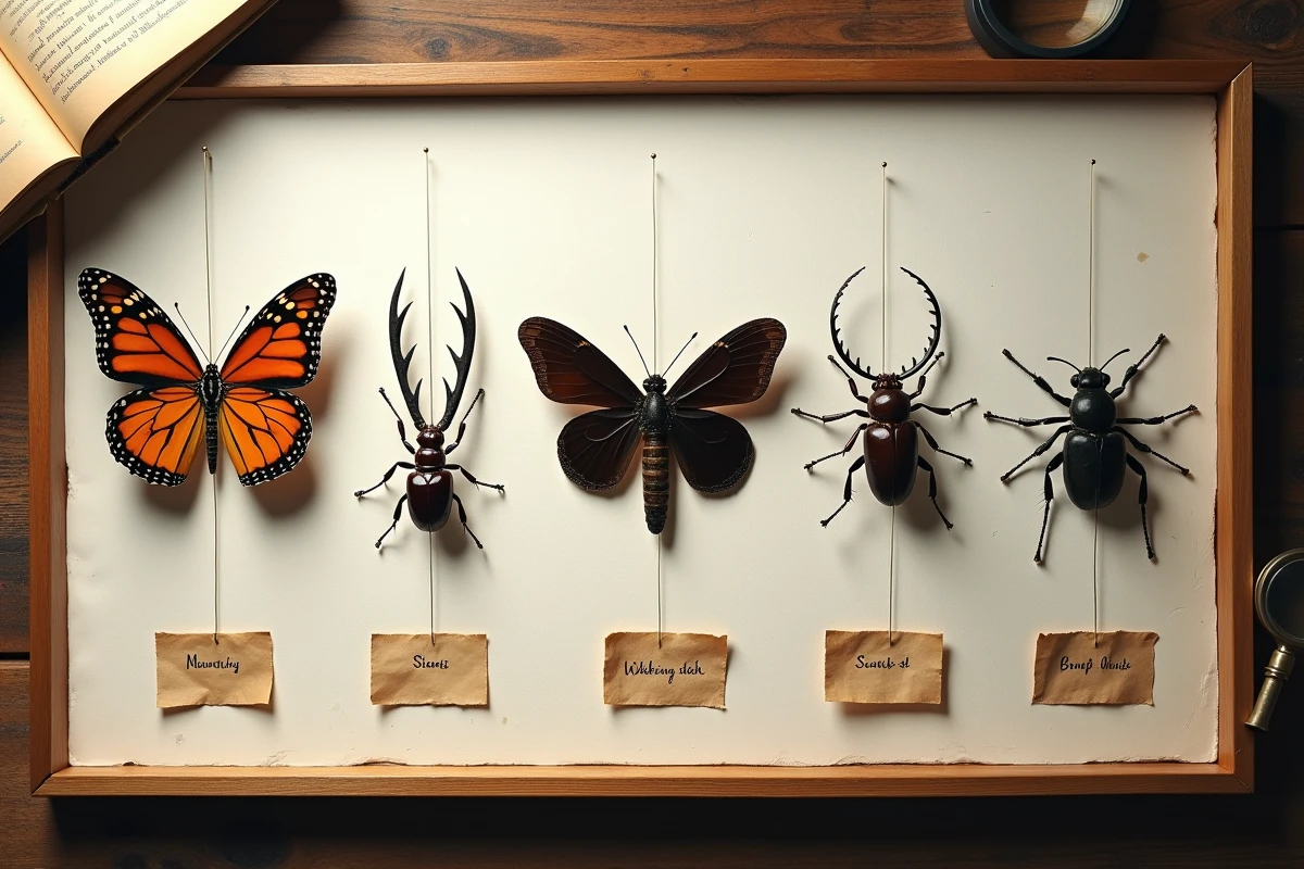 Collection entomologique de six insectes épinglés sur un plateau de spécimens scientifiques avec étiquettes manuscrites et loupe vintage