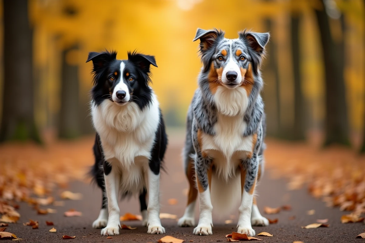Comparaison côte à côte d'un Border Collie Bleu Merle et d'un Australian Shepherd sur un sentier forestier en automne
