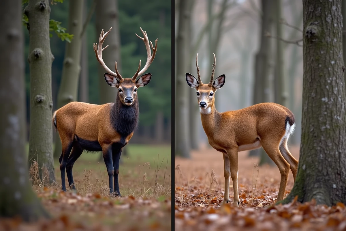 Comparaison côte à côte entre un cerf élaphe et un chevreuil en forêt automnale, image éducative pour identifier les différences de taille, bois et morphologie