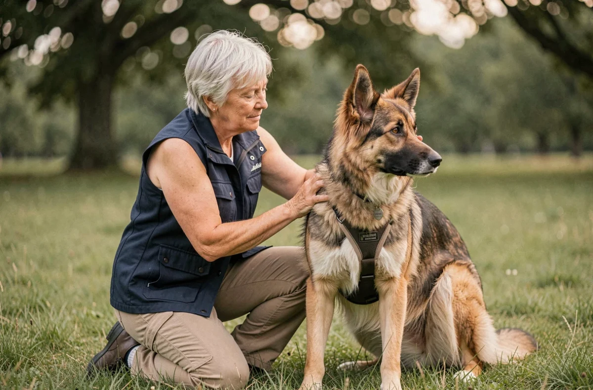 Comportementaliste canine spécialisée travaillant avec un chien berger anxieux dans un grand pré verdoyant