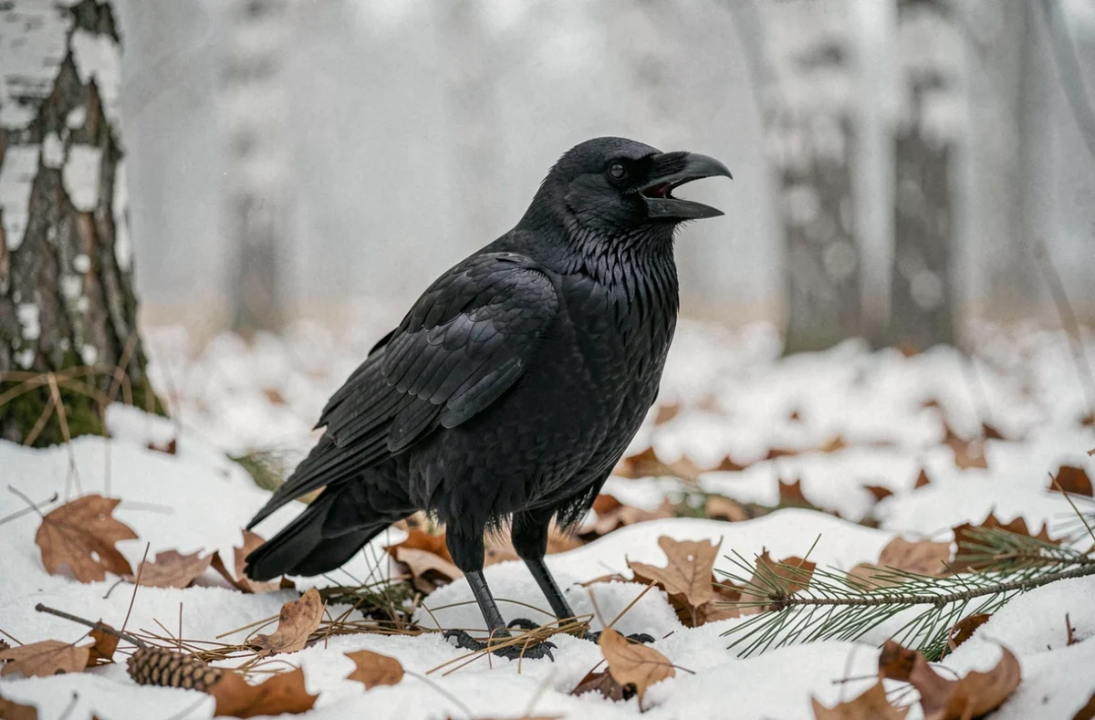 Corbeau femelle debout sur un sol enneigé en forêt hivernale, bec ouvert, entouré de troncs de bouleaux