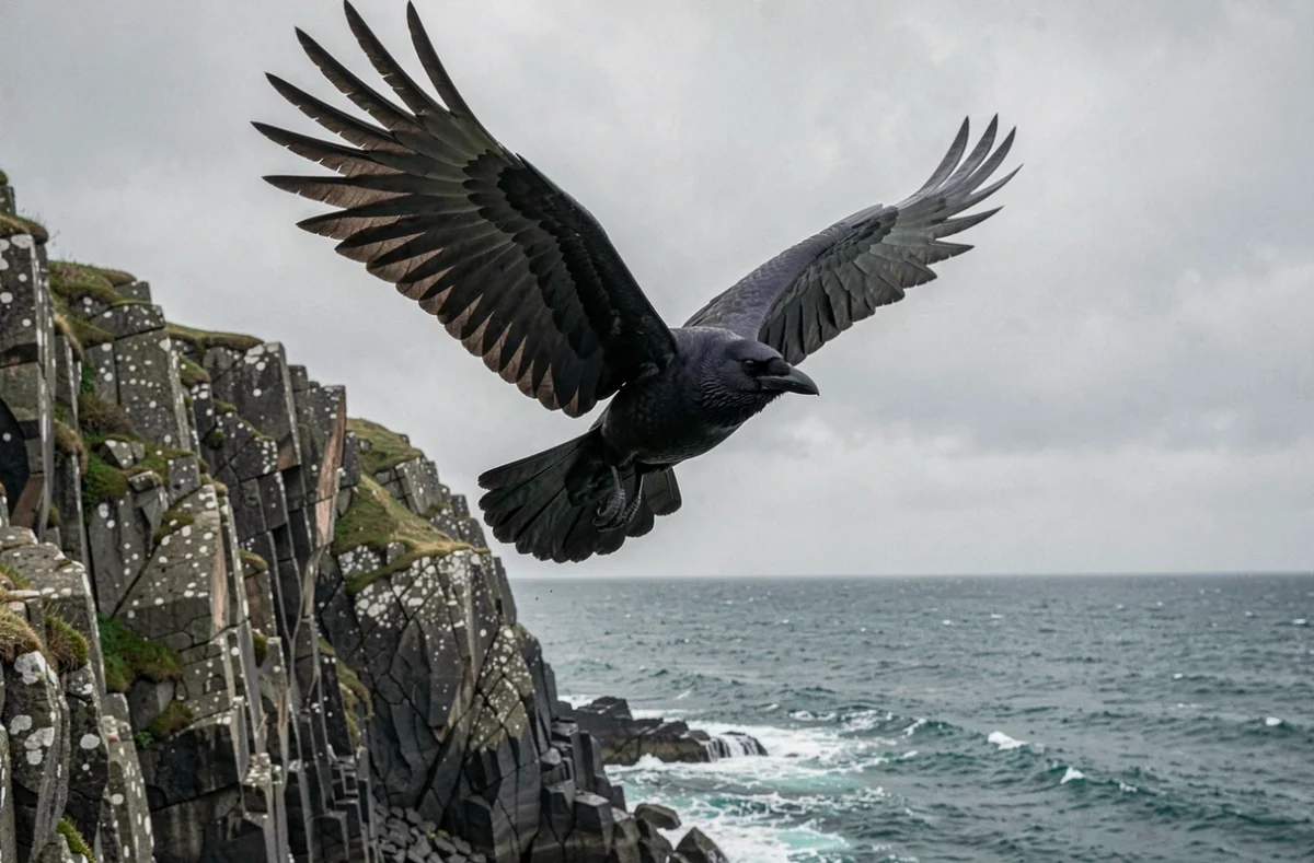 Femelle corbeau en vol au-dessus de falaises côtières rocheuses, ailes déployées sur un ciel gris atlantique