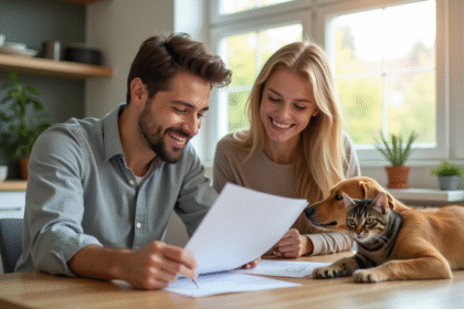 Jeune couple avec chien et chat pour assurance animaux
