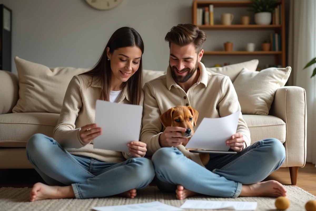 Jeune couple consultant des documents d'assurance pour leur chiot beagle à la maison, illustrant le choix d'une mutuelle pour chien