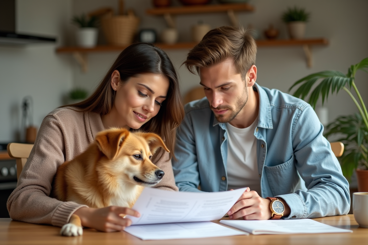 Jeune couple examinant des documents d