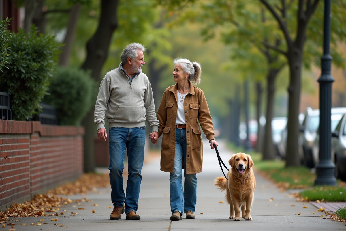 Couple avec chien se promenant en ville