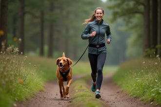Jeune femme courant avec son retriever en forêt