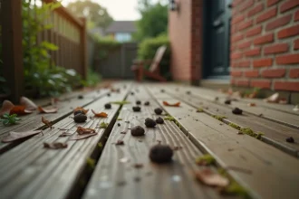 Crottes d'animaux nocturnes sur une terrasse en bois près d'une maison, avec des empreintes visibles au sol au lever du jour