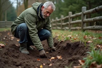 Propriétaire inspectant des dégâts de boutis de sanglier dans son jardin privé clôturé