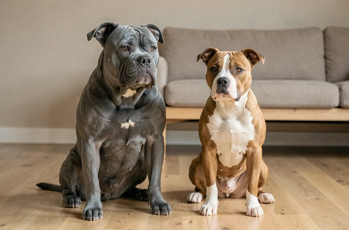 Deux Staffies assis côte à côte dans un intérieur, mettant en évidence la différence de taille et de morphologie entre individus
