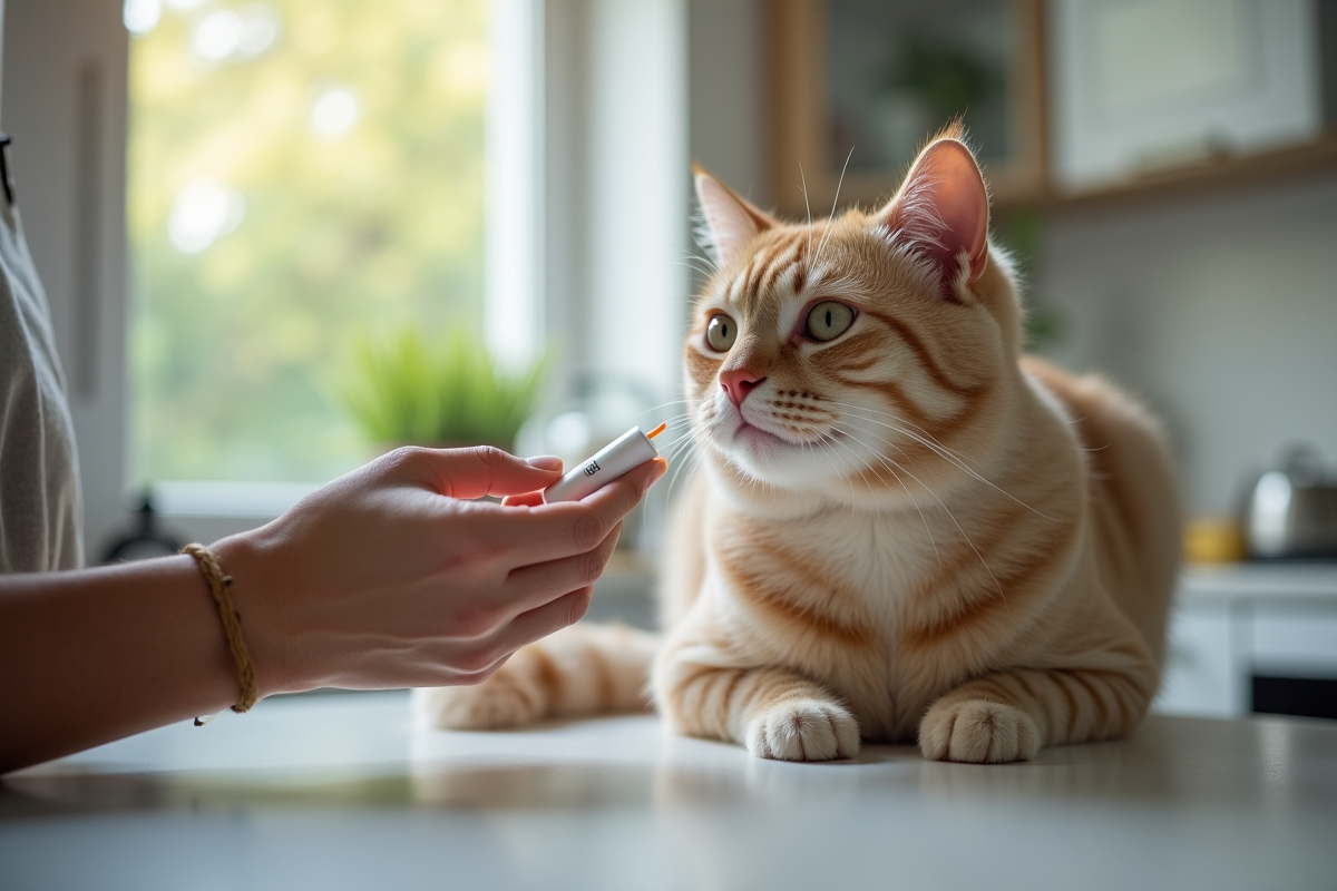 Propriétaire donnant medicament a son chat diabetique en cuisine