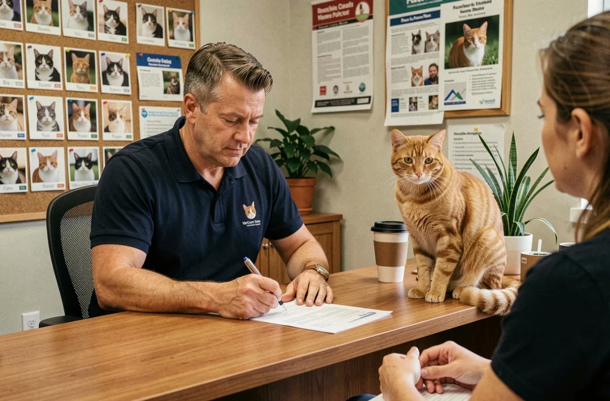 Bénévole de refuge expliquant les nouvelles règles d'adoption d'un chat à un futur adoptant à Lyon, avec un chat roux sur le bureau