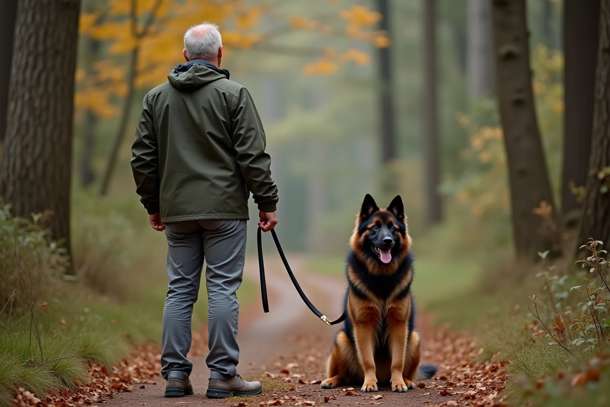 Homme éduquant un Eurasier en forêt avec une longue laisse lors d'une séance d'entraînement en extérieur