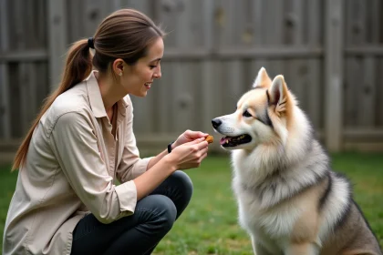 Femme agenouillée face à un chien Eurasier lors d'un exercice d'éducation positive dans un jardin