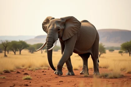 Éléphant d'Afrique marchant dans la savane avec des acacias en arrière-plan, photo naturaliste grand angle