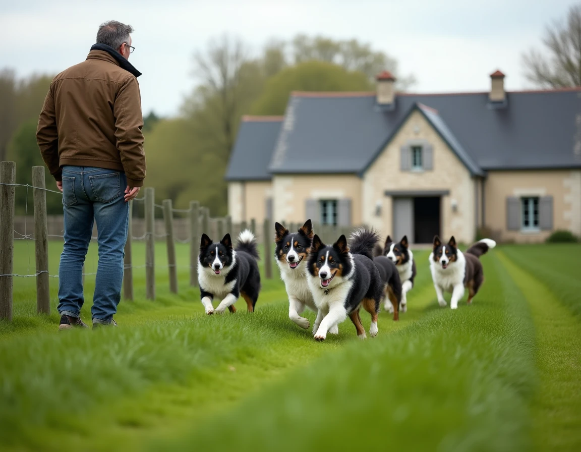 Border Collies courant librement dans les pâturages de l'Élevage 2 Patis avec un éleveur au premier plan