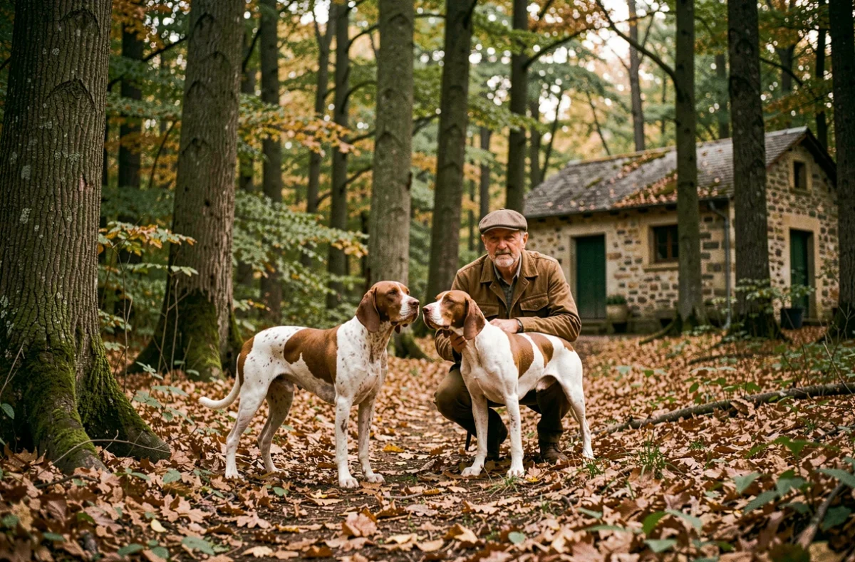 Éleveur avec deux Braques Français en lisière de forêt à l'Élevage de la Gabrière