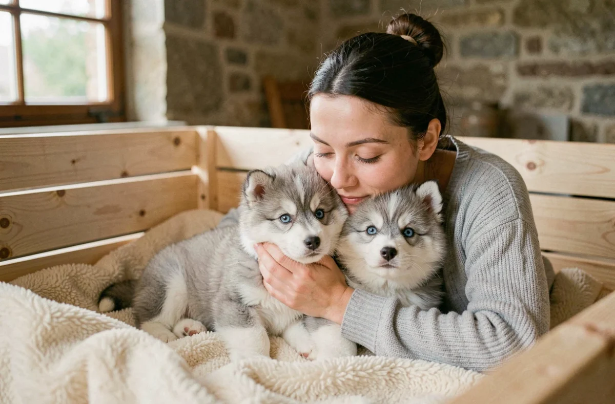 Chiots Pomsky aux yeux bleus nichés dans un box d'élevage douillet à l'Élevage des Pomsky de Touraine