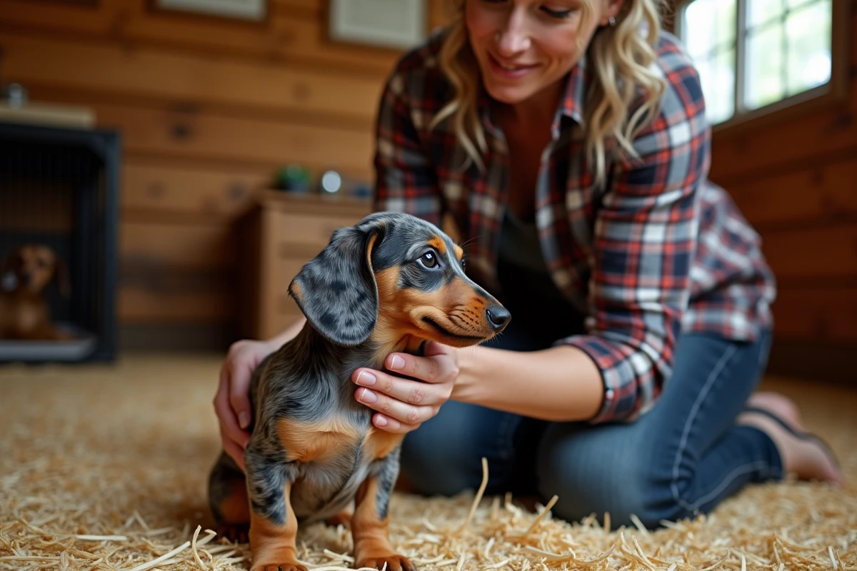 Éleveuse professionnelle tenant un chiot teckel arlequin dans les mains au sein d'un élevage familial rustique