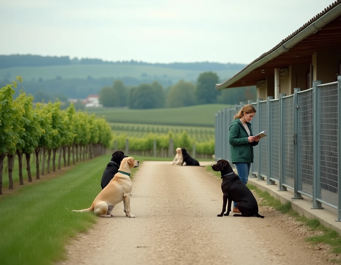 Éleveuse inspectant les enclos de Labradors dans le cadre champêtre de l'Élevage du Val de Chanteloup en Loire