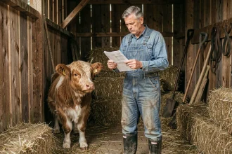 Éleveur débutant surpris par la facture d'achat d'une mini vache Highland dans une grange rustique