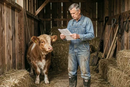 Éleveur débutant surpris par la facture d'achat d'une mini vache Highland dans une grange rustique