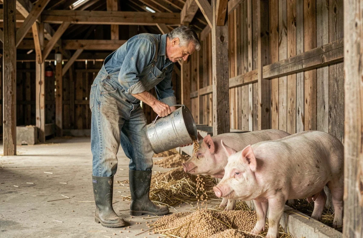 Éleveur donnant à manger à ses cochons dans une grange traditionnelle, illustrant l'importance d'une alimentation adaptée pour prévenir les carences