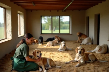 Intérieur d'un élevage canin professionnel en Centre-Val de Loire avec plusieurs races de chiens et une éleveuse attentionnée