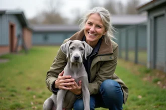 Eleveuse de chiens avec un chiot weimaraner argenté