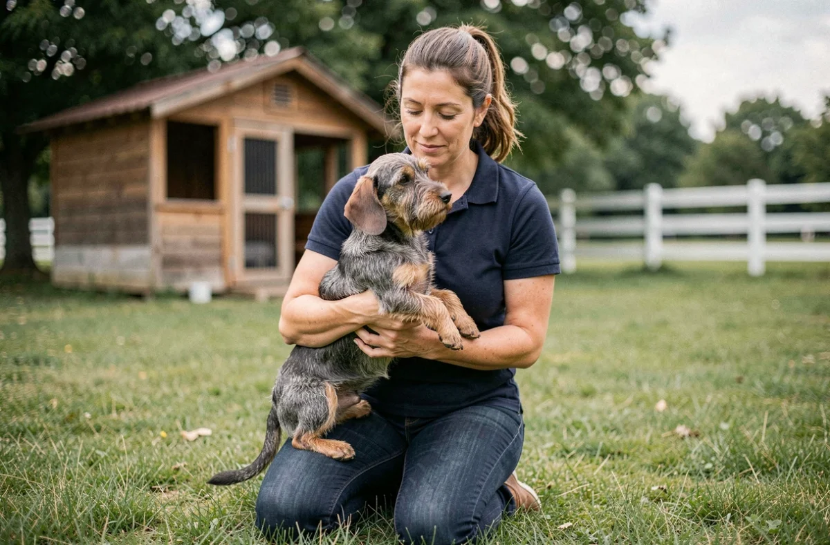 Éleveuse de teckels nains tenant son chien dans un élevage canin à la campagne