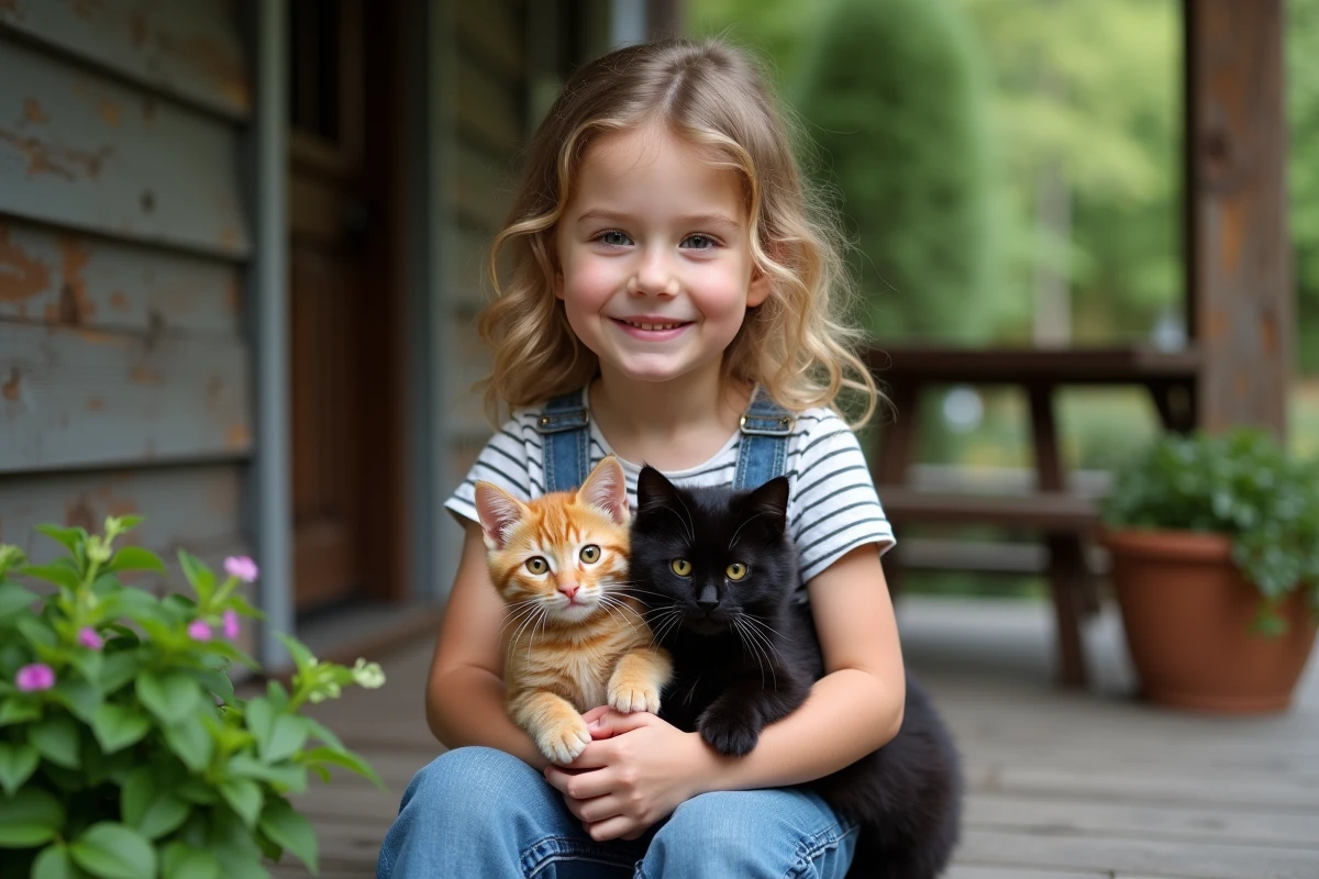 Jeune fille avec chaton et chat noir dans le jardin