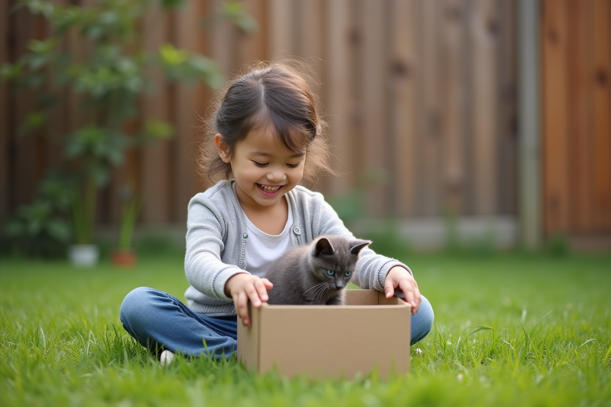 Enfant souriant avec un chaton gris dans le jardin
