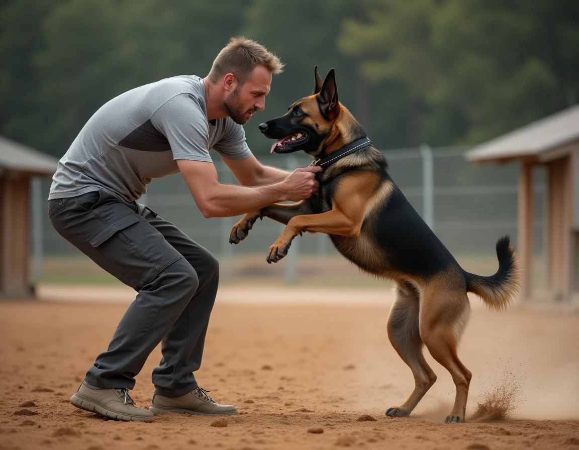 Éducateur canin travaillant le mordant avec un chien croisé malinois staff lors d'un entraînement de sport canin