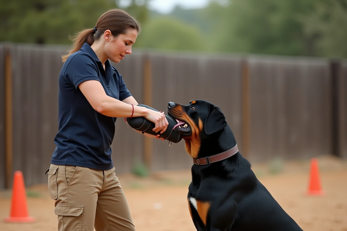 Éducatrice canine en entraînement de morsure contrôlée avec un rottweiler portant un manchon de protection