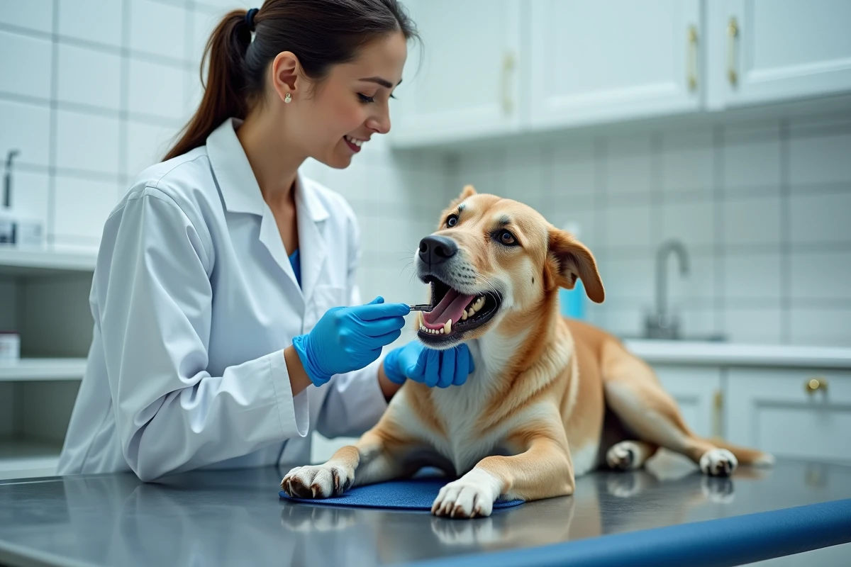 Vétérinaire examinant la mâchoire d'un chien en clinique pour évaluer la puissance de morsure