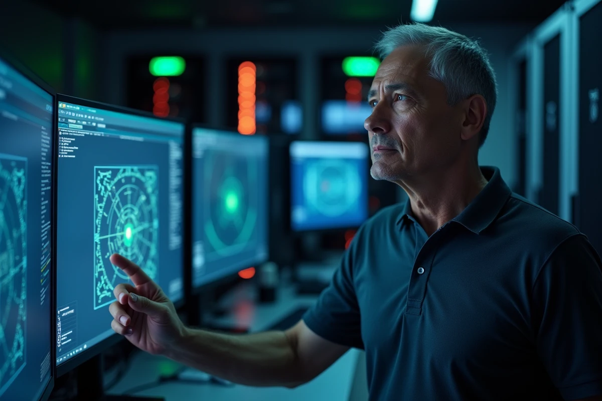 Expert en cybersécurité analysant une interface de localisation GPS sur des écrans informatiques