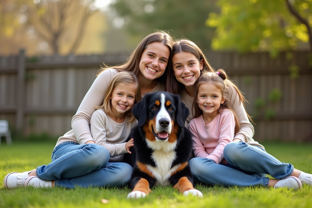 Famille heureuse avec chien dans le jardin en été