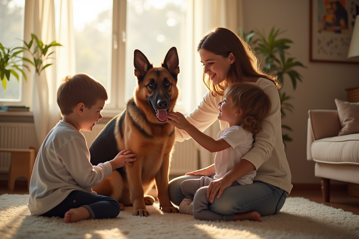 Famille avec enfants brossant un berger allemand dans un salon chaleureux
