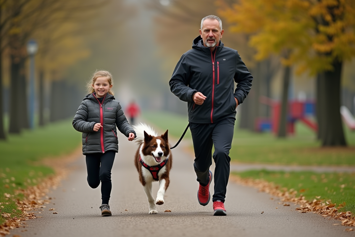 Famille courant avec leur chien dans un parc urbain