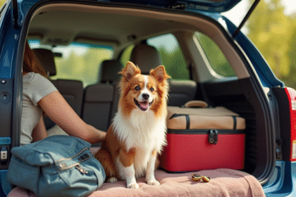 Famille heureuse préparant la voiture pour un voyage avec un mini Australian Shepherd