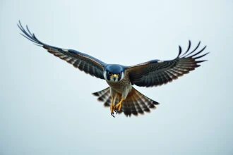 Faucon pèlerin en plein vol avec les ailes déployées, illustrant la maîtrise du vol et la défiance de la gravité chez les oiseaux rapaces